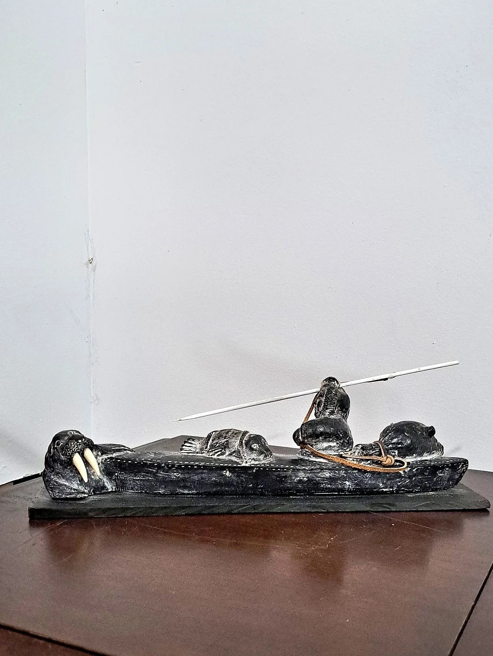 Inuit In Scagliola Walrus Hunting Scene. Handcrafted Stone.